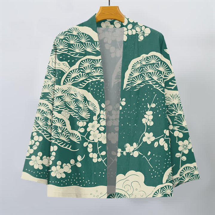 Buddha Stones Kimono da uomo con apertura frontale, in cotone, con motivo a fiori di pino e prugno. - image 7