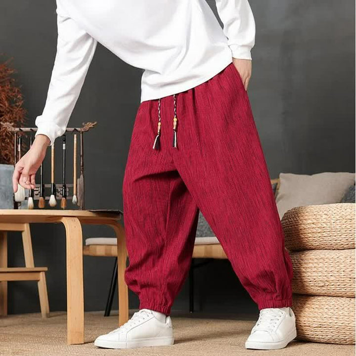 Buddha Stones Pantaloni lunghi da uomo autunnali casual vintage con coulisse, modello harem con tasca - image 10