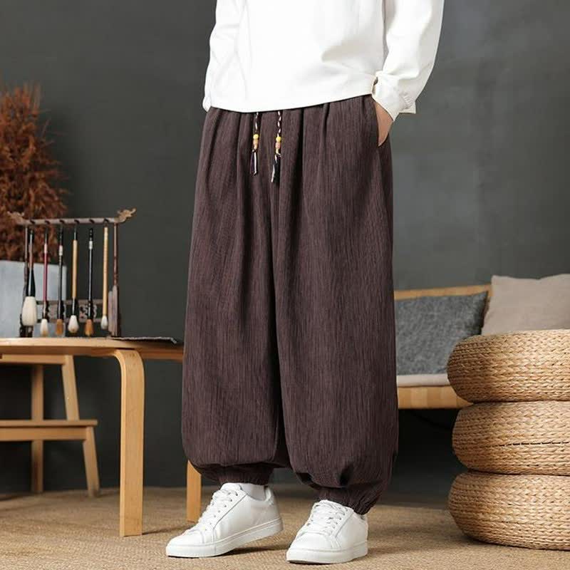 Buddha Stones Pantaloni lunghi da uomo autunnali casual vintage con coulisse, modello harem con tasca - image 2