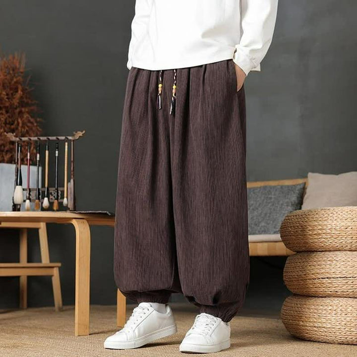 Buddha Stones Pantaloni lunghi da uomo autunnali casual vintage con coulisse, modello harem con tasca - image 2