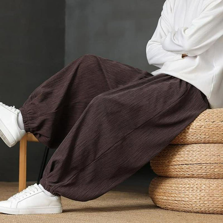 Buddha Stones Pantaloni lunghi da uomo autunnali casual vintage con coulisse, modello harem con tasca - image 4
