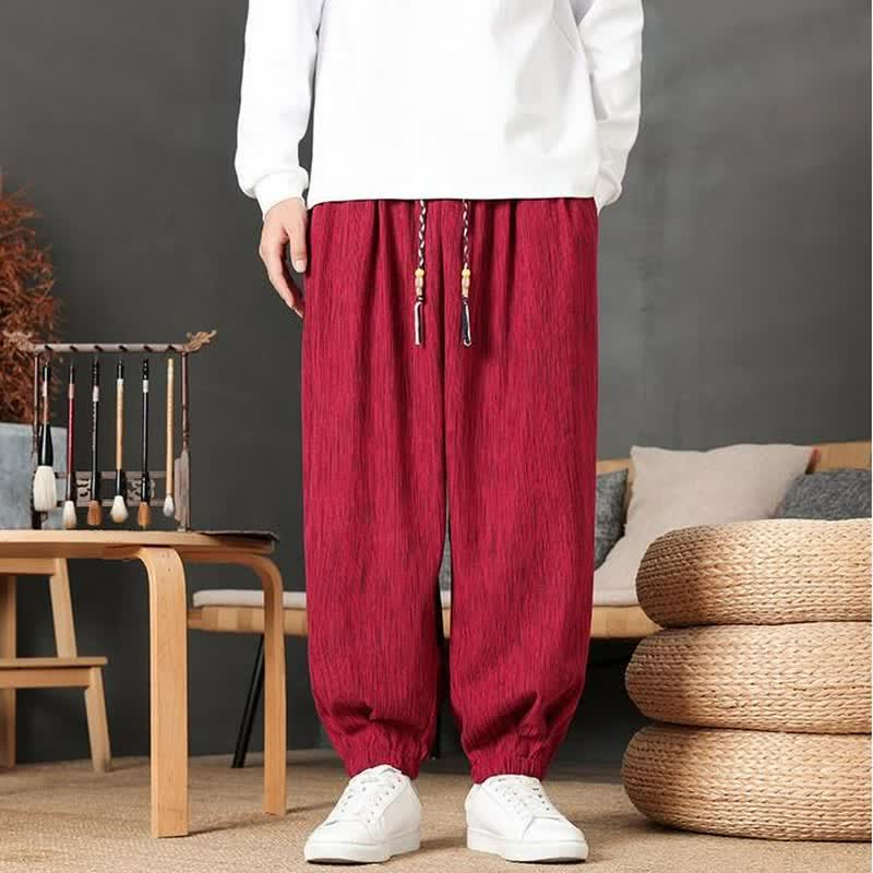 Buddha Stones Pantaloni lunghi da uomo autunnali casual vintage con coulisse, modello harem con tasca - Cremisi - comune - US/UK/AU48, EU58 (6XL) - image 7