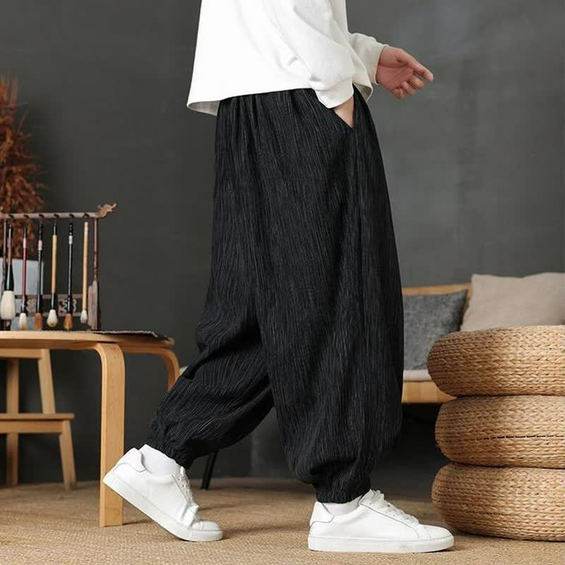 Buddha Stones Pantaloni lunghi da uomo autunnali casual vintage con coulisse, modello harem con tasca - image 17