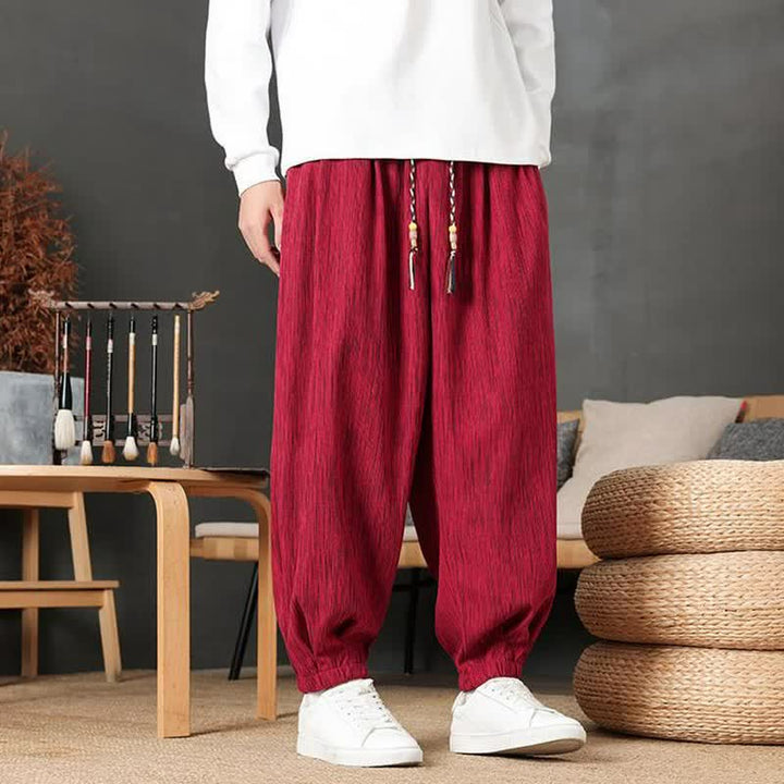 Buddha Stones Pantaloni lunghi da uomo autunnali casual vintage con coulisse, modello harem con tasca - image 8