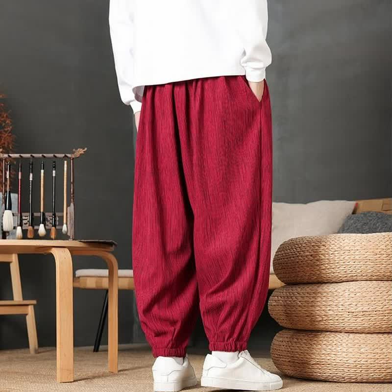 Buddha Stones Pantaloni lunghi da uomo autunnali casual vintage con coulisse, modello harem con tasca - image 12