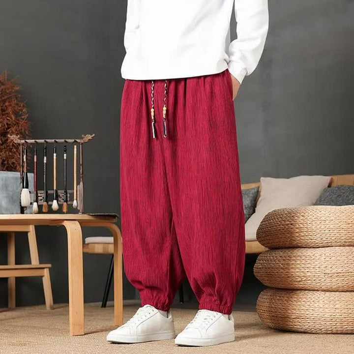 Buddha Stones Pantaloni lunghi da uomo autunnali casual vintage con coulisse, modello harem con tasca - image 9