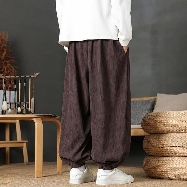 Buddha Stones Pantaloni lunghi da uomo autunnali casual vintage con coulisse, modello harem con tasca - image 6