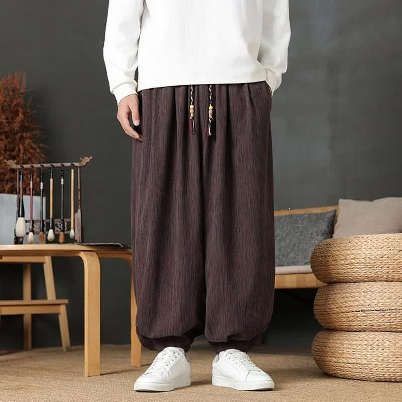 Buddha Stones Pantaloni lunghi da uomo autunnali casual vintage con coulisse, modello harem con tasca - Marrone sella - comune - US/UK/AU48, EU58 (6XL) - image 0