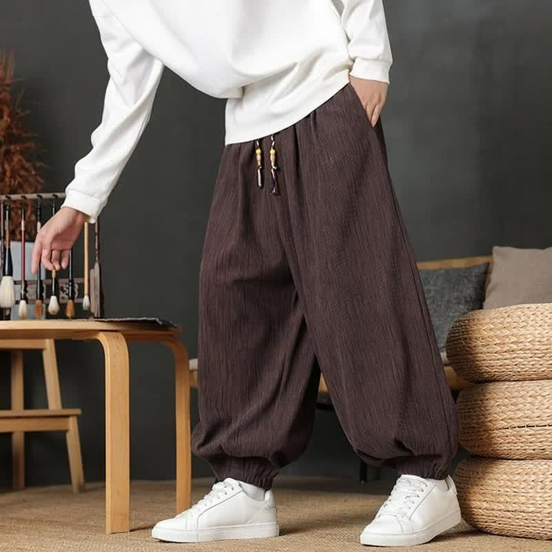 Buddha Stones Pantaloni lunghi da uomo autunnali casual vintage con coulisse, modello harem con tasca - image 3