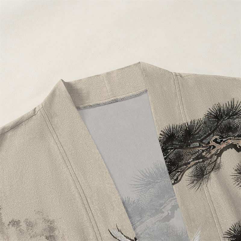 Buddha Stones Kimono da uomo con apertura frontale, fantasia a inchiostro di gru di pino in cotone. - image 3