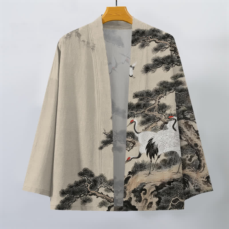 Buddha Stones Kimono da uomo con apertura frontale, fantasia a inchiostro di gru di pino in cotone. - image 1