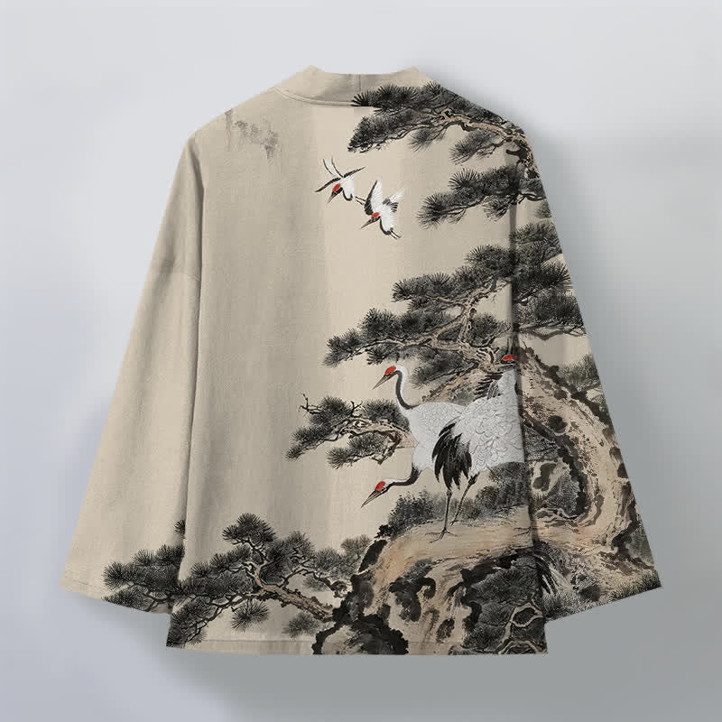 Buddha Stones Kimono da uomo con apertura frontale, fantasia a inchiostro di gru di pino in cotone. - image 2