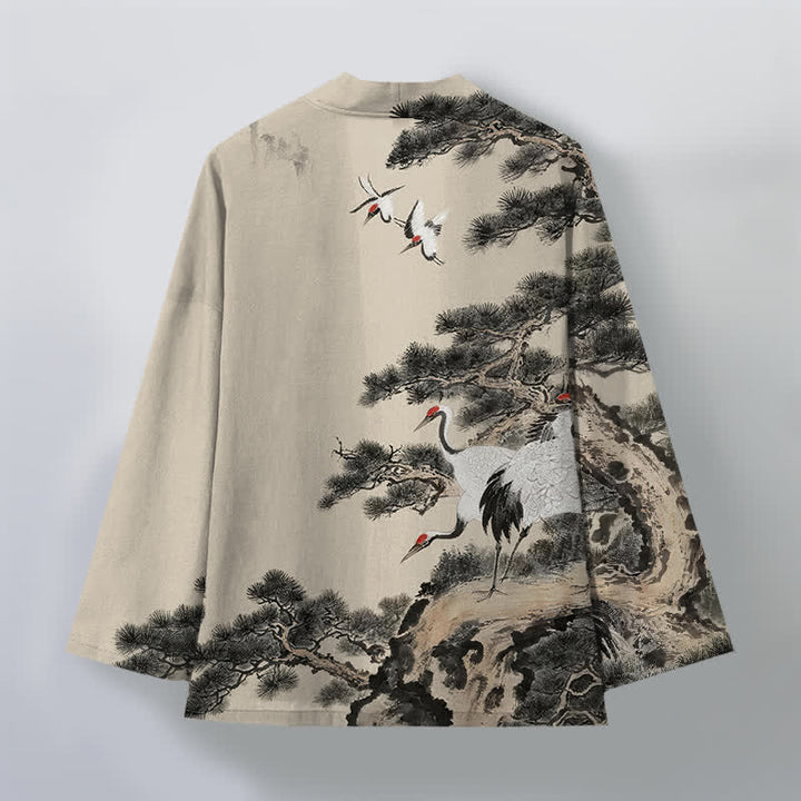 Buddha Stones Kimono da uomo con apertura frontale, fantasia a inchiostro di gru di pino in cotone. - image 2