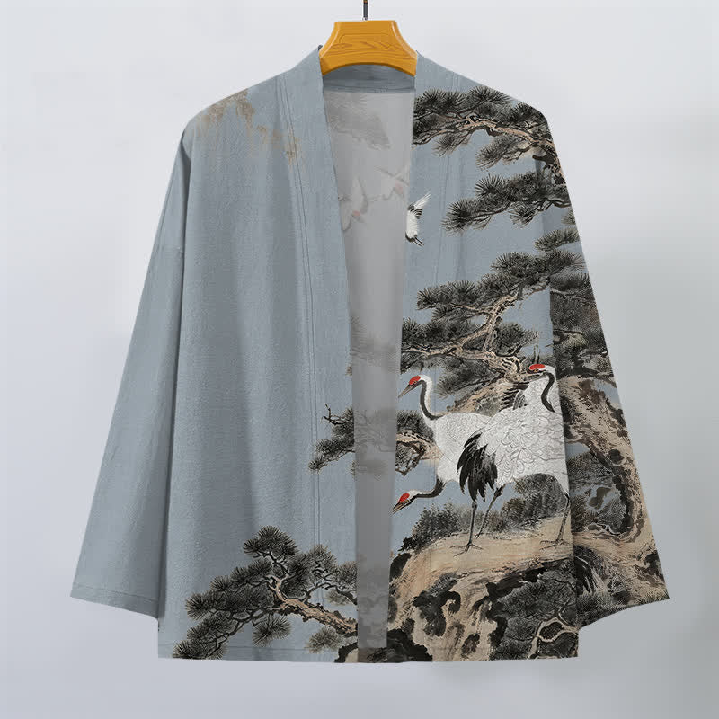 Buddha Stones Kimono da uomo con apertura frontale, fantasia a inchiostro di gru di pino in cotone. - image 7