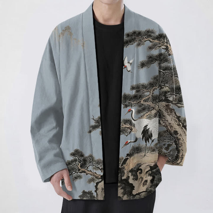 Buddha Stones Kimono da uomo con apertura frontale, fantasia a inchiostro di gru di pino in cotone. - Blu acciaio chiaro - US/UK/AU48, EU58 (4XL) - image 6