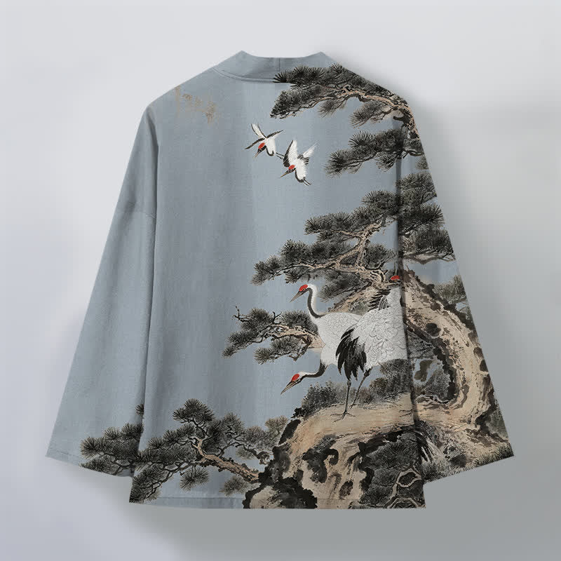 Buddha Stones Kimono da uomo con apertura frontale, fantasia a inchiostro di gru di pino in cotone. - image 8