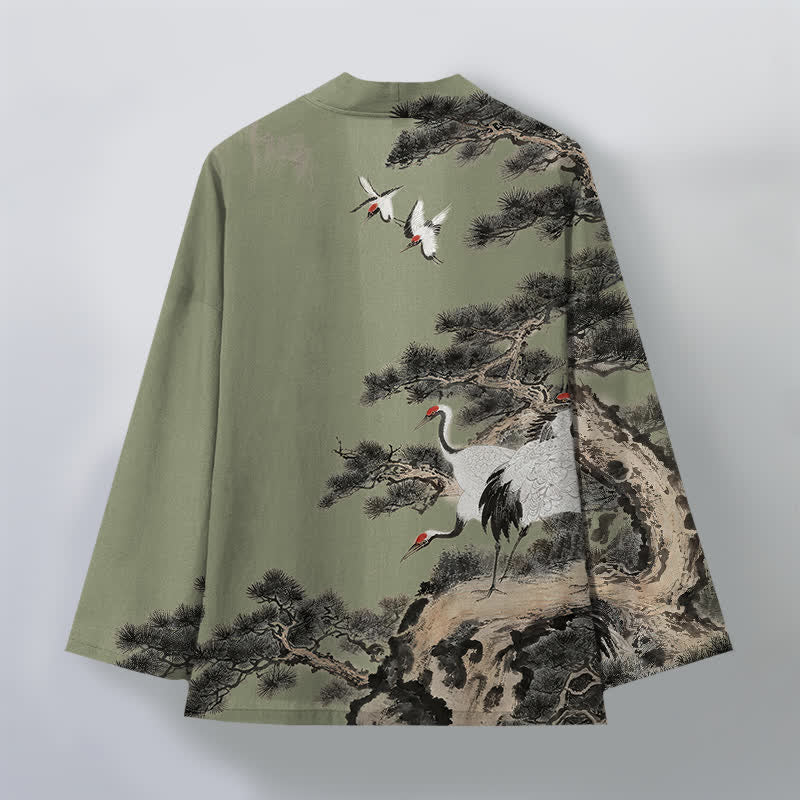 Buddha Stones Kimono da uomo con apertura frontale, fantasia a inchiostro di gru di pino in cotone. - image 11