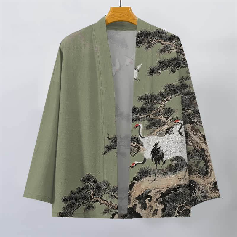Buddha Stones Kimono da uomo con apertura frontale, fantasia a inchiostro di gru di pino in cotone. - image 10
