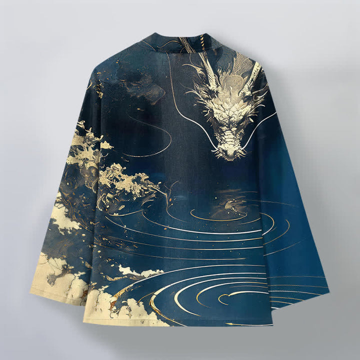 Buddha Stones Kimono da uomo in cotone con apertura frontale e motivo a onde e nuvole, drago dorato. - image 2
