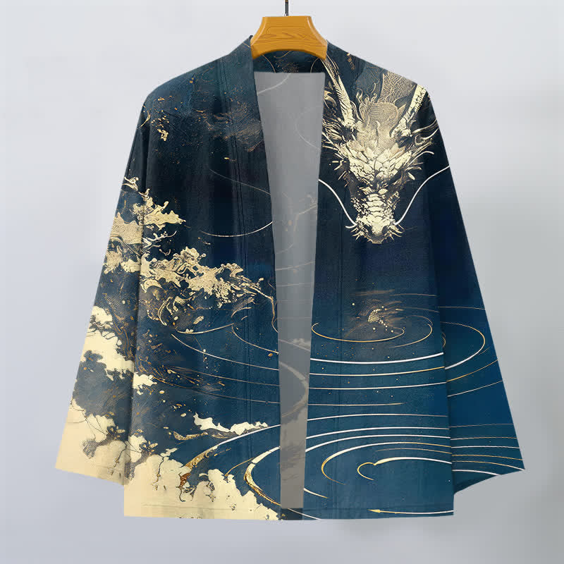 Buddha Stones Kimono da uomo in cotone con apertura frontale e motivo a onde e nuvole, drago dorato. - image 1