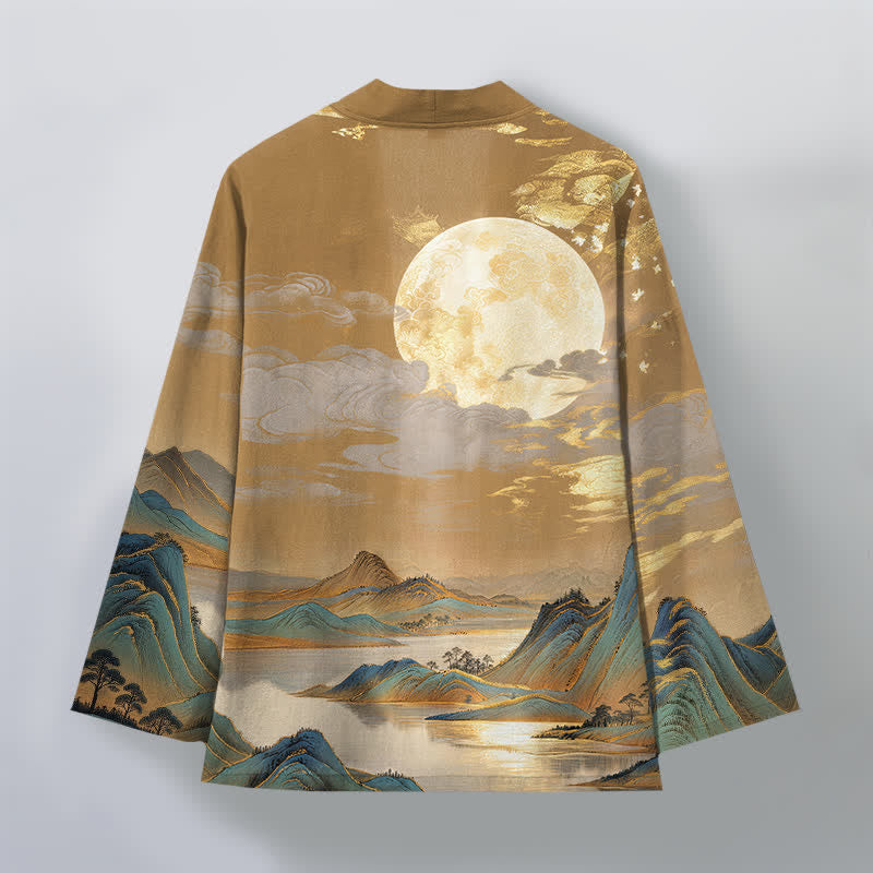 Buddha Stones Kimono da uomo in cotone con motivo paesaggio montano e luna dorata, aperto sul davanti. - image 2
