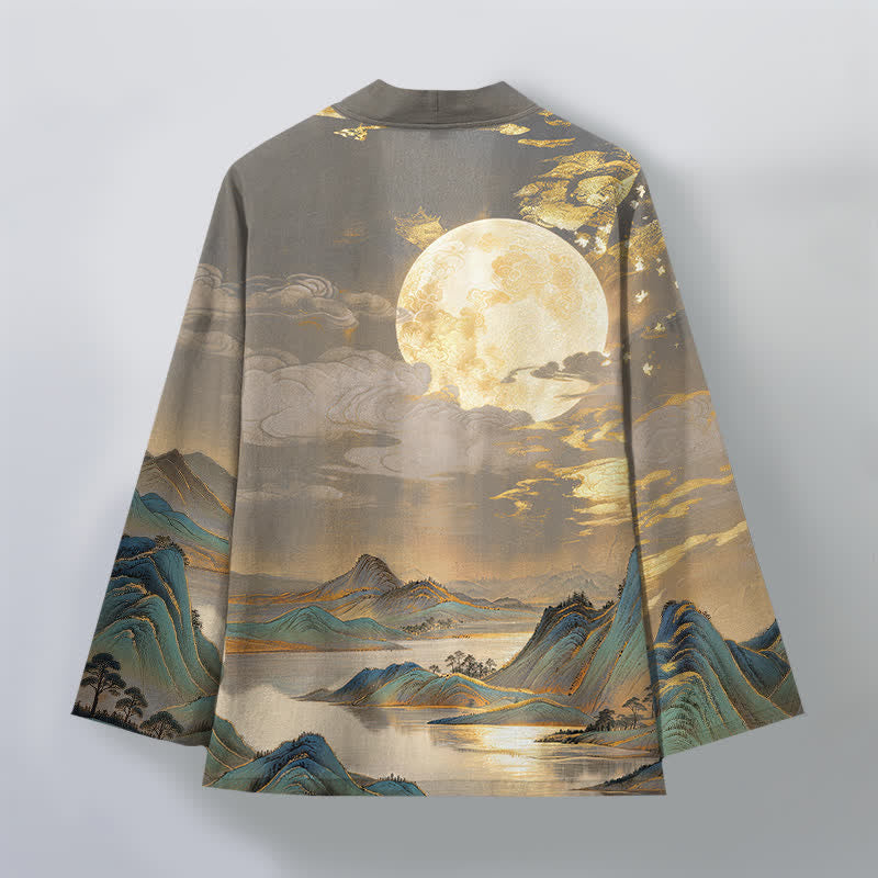 Buddha Stones Kimono da uomo in cotone con motivo paesaggio montano e luna dorata, aperto sul davanti. - image 8