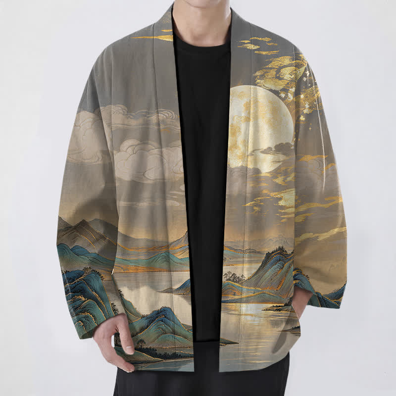 Buddha Stones Kimono da uomo in cotone con motivo paesaggio montano e luna dorata, aperto sul davanti. - Grigio ardesia - US/UK/AU48, EU58 (4XL) - image 6