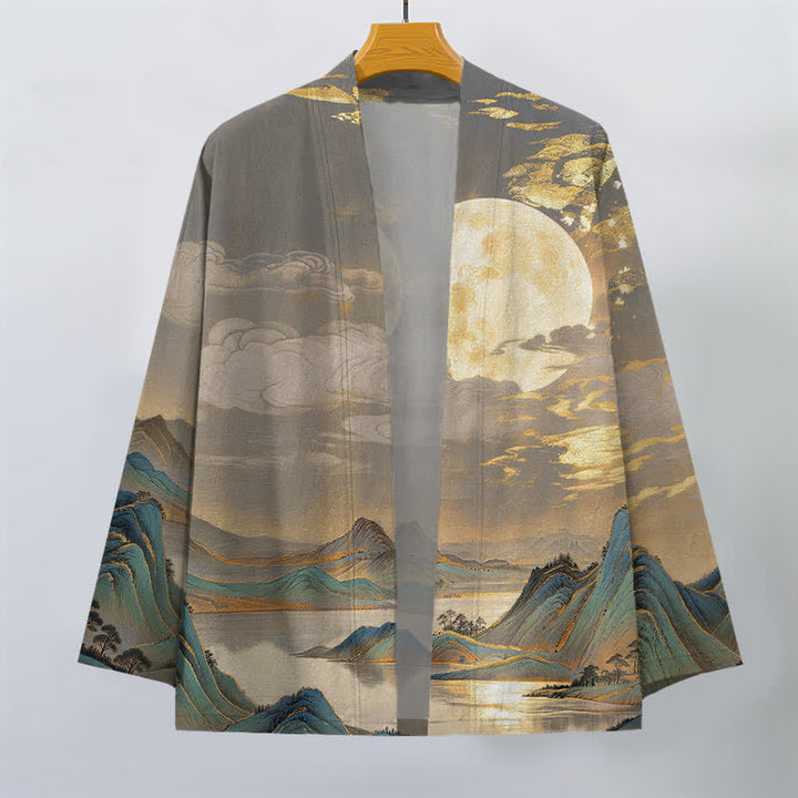 Buddha Stones Kimono da uomo in cotone con motivo paesaggio montano e luna dorata, aperto sul davanti. - image 7