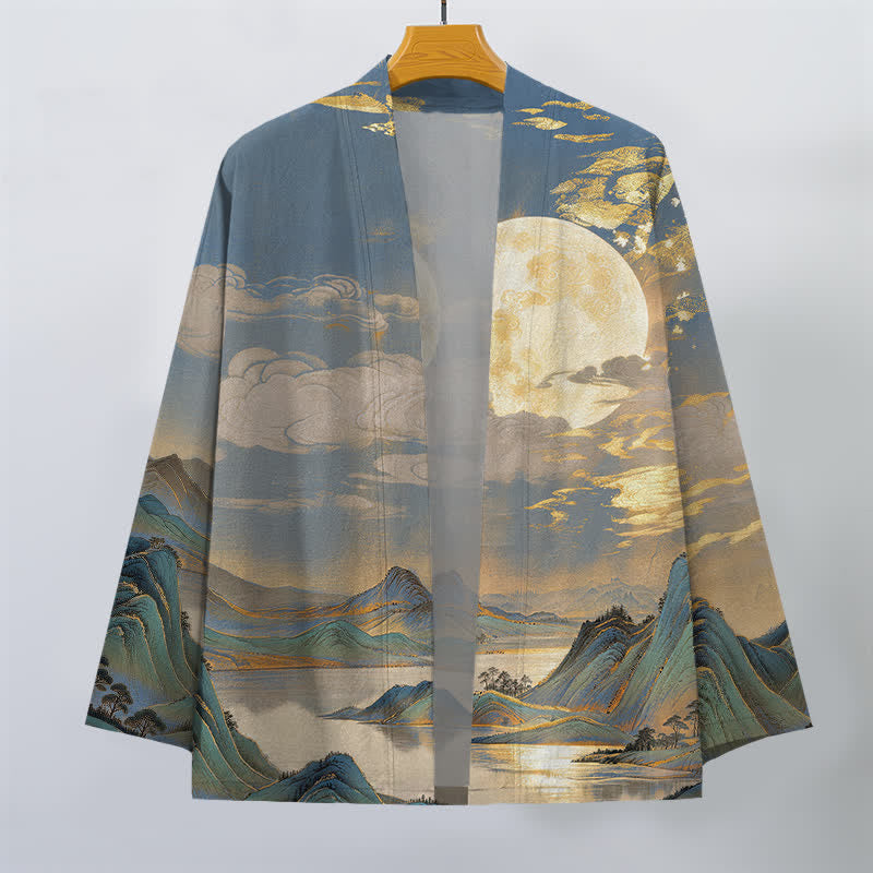 Buddha Stones Kimono da uomo in cotone con motivo paesaggio montano e luna dorata, aperto sul davanti. - image 10