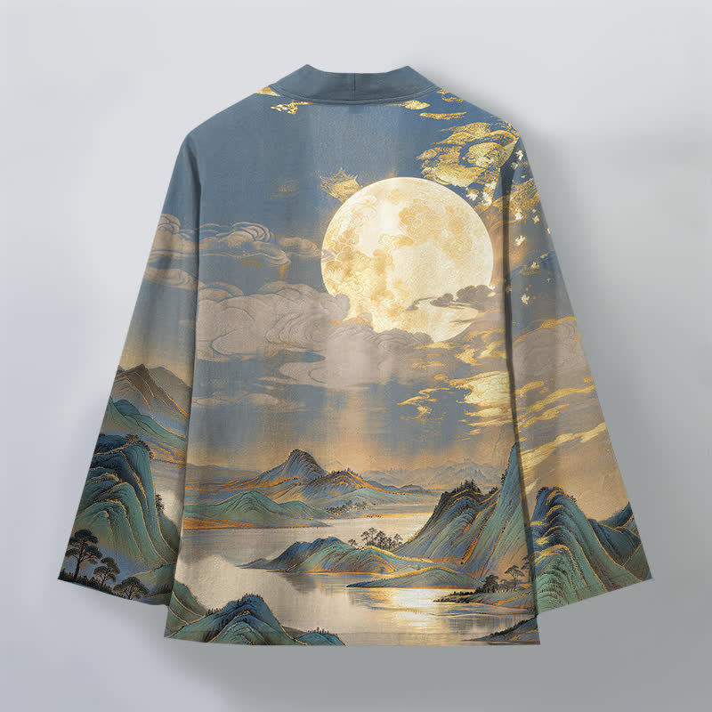 Buddha Stones Kimono da uomo in cotone con motivo paesaggio montano e luna dorata, aperto sul davanti. - image 11