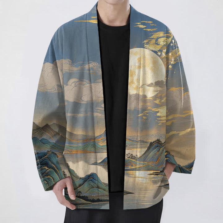 Buddha Stones Kimono da uomo in cotone con motivo paesaggio montano e luna dorata, aperto sul davanti. - SteelBlue - US/UK/AU48, EU58 (4XL) - image 9