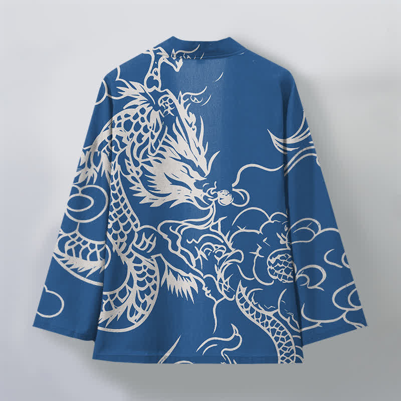 Buddha Stones Kimono da uomo in cotone bianco con motivo drago e nuvole, aperto sul davanti. - image 2