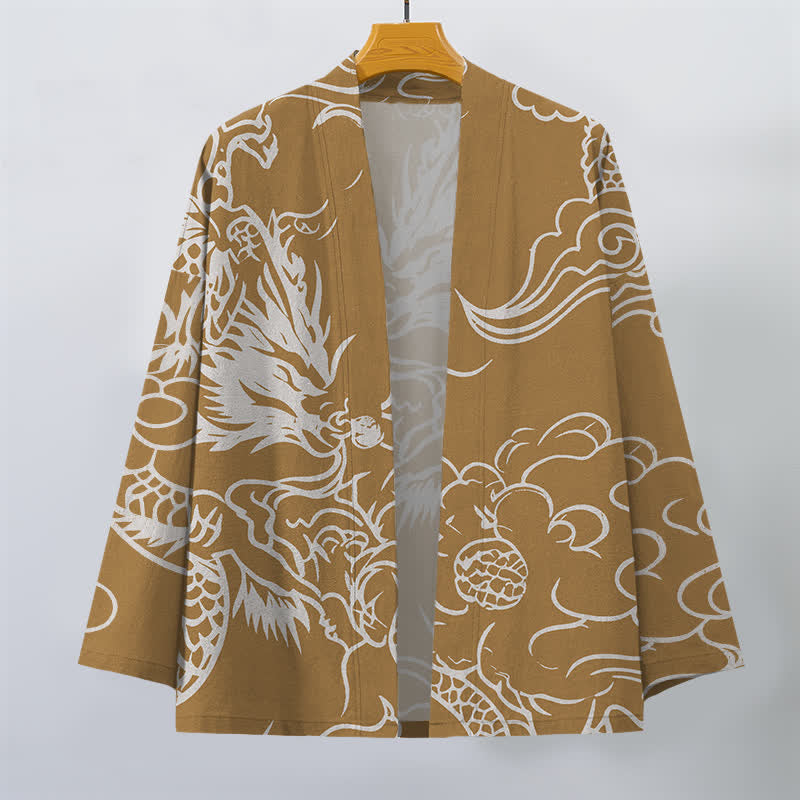 Buddha Stones Kimono da uomo in cotone bianco con motivo drago e nuvole, aperto sul davanti. - image 7