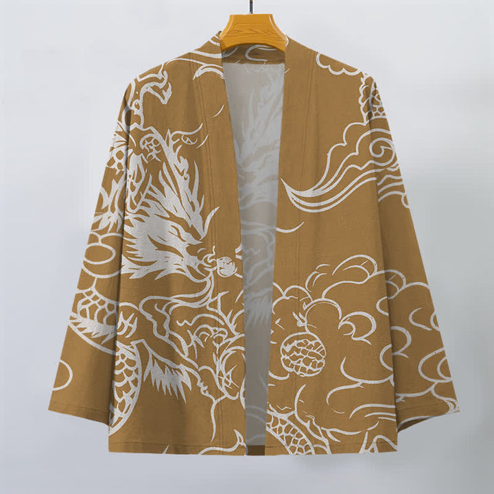 Buddha Stones Kimono da uomo in cotone bianco con motivo drago e nuvole, aperto sul davanti. - image 7