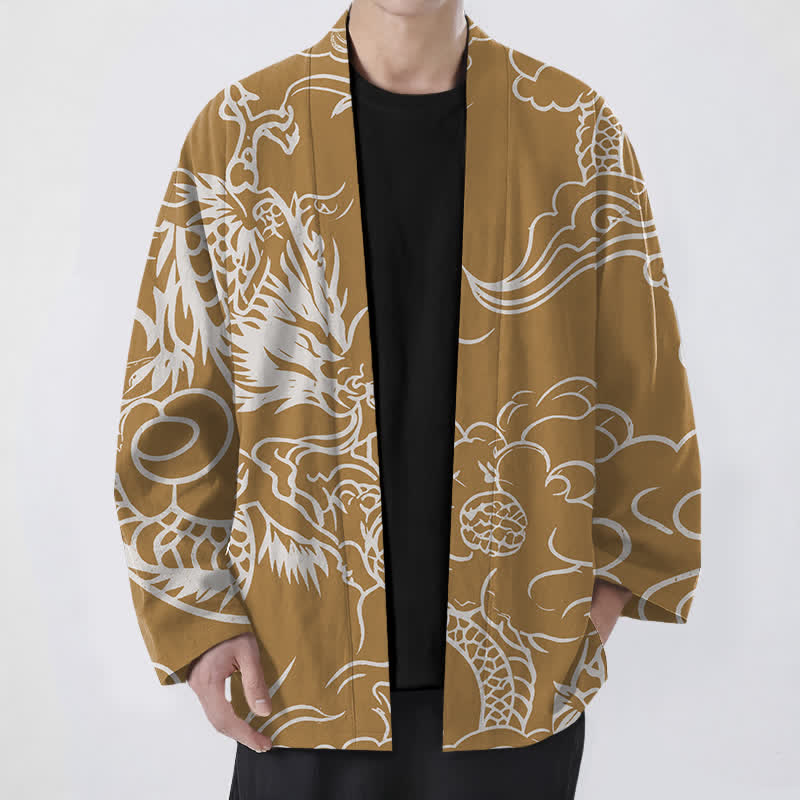 Buddha Stones Kimono da uomo in cotone bianco con motivo drago e nuvole, aperto sul davanti. - Verga d'oro - US/UK/AU48, EU58 (4XL) - image 6