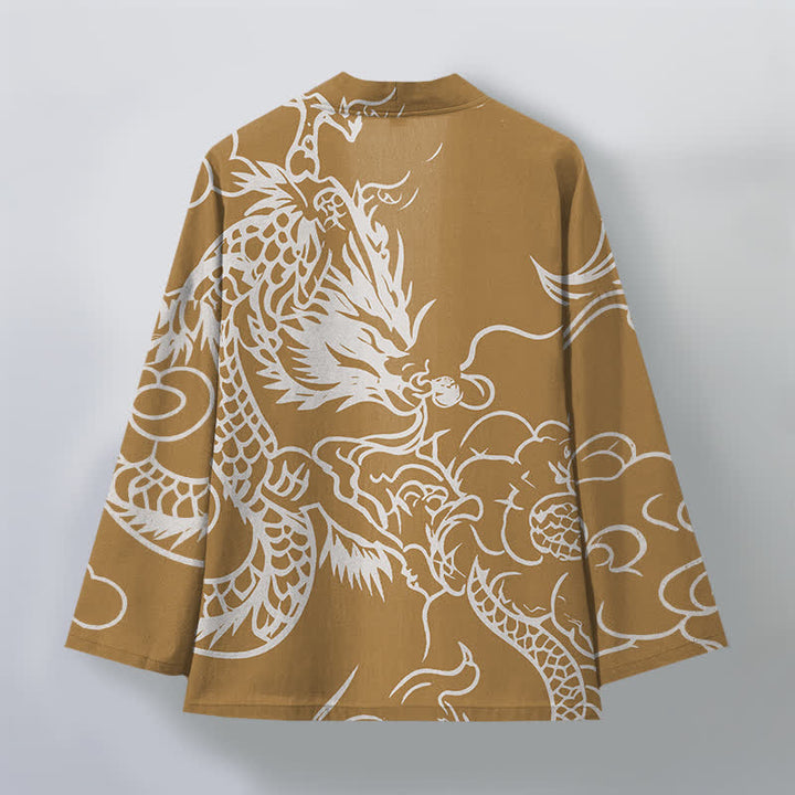 Buddha Stones Kimono da uomo in cotone bianco con motivo drago e nuvole, aperto sul davanti. - image 8