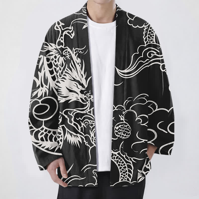 Buddha Stones Kimono da uomo in cotone bianco con motivo drago e nuvole, aperto sul davanti. - Nero - US/UK/AU48, EU58 (4XL) - image 9