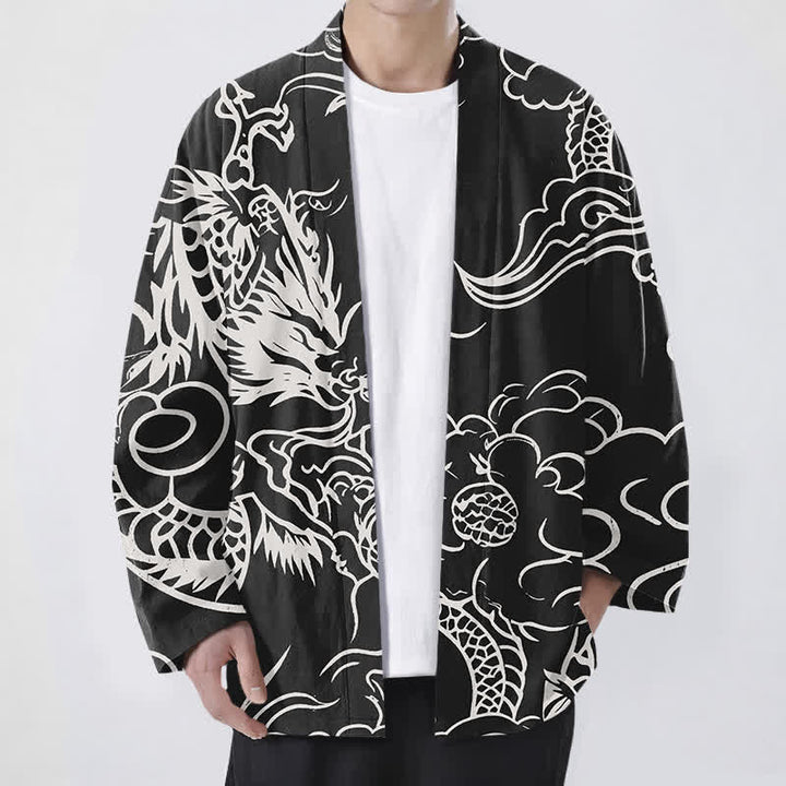 Buddha Stones Kimono da uomo in cotone bianco con motivo drago e nuvole, aperto sul davanti. - Nero - US/UK/AU48, EU58 (4XL) - image 9