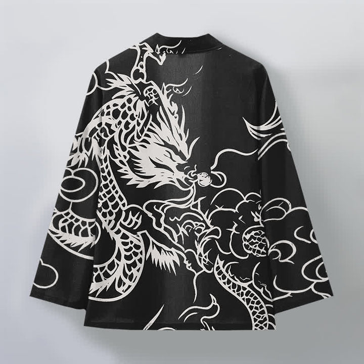 Buddha Stones Kimono da uomo in cotone bianco con motivo drago e nuvole, aperto sul davanti. - image 11