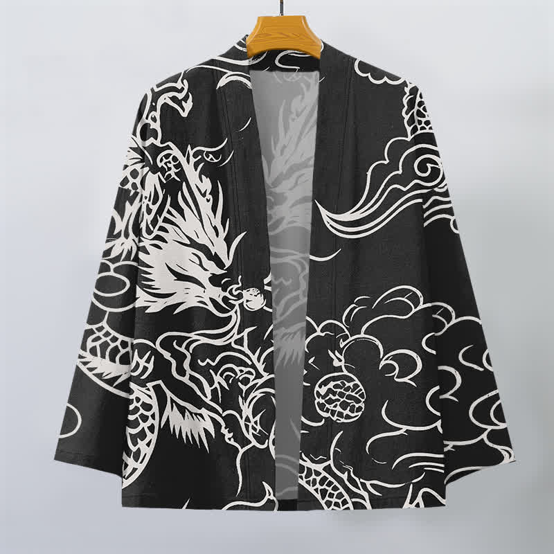 Buddha Stones Kimono da uomo in cotone bianco con motivo drago e nuvole, aperto sul davanti. - image 10