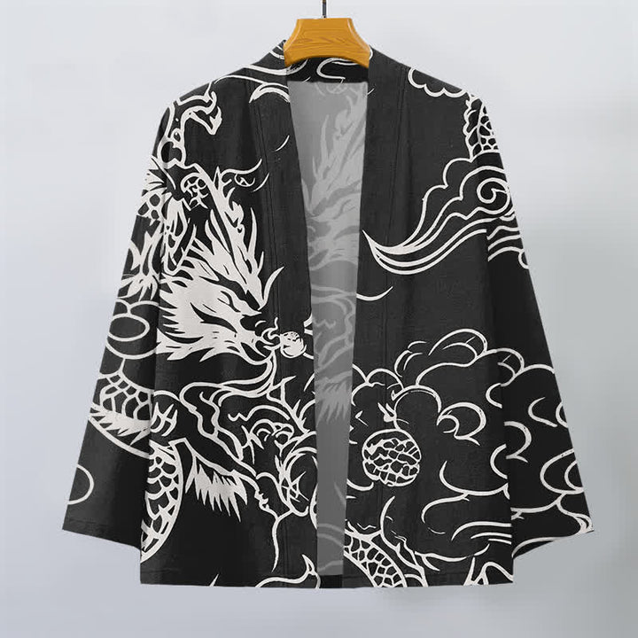 Buddha Stones Kimono da uomo in cotone bianco con motivo drago e nuvole, aperto sul davanti. - image 10