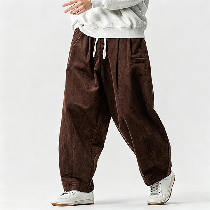 Buddha Stones Pantaloni lunghi da uomo a tinta unita, stile vintage, con coulisse, per autunno/inverno, modello affusolato con tasca. - Marrone sella - US/UK/AU46, EU56 (5XL) - image 0