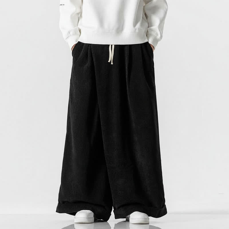 Buddha Stones Pantaloni lunghi da uomo in velluto a coste tinta unita, casual, con coulisse, per autunno/inverno, a gamba larga e con tasca. - Nero - US/UK/AU46, EU56 (5XL) - image 16