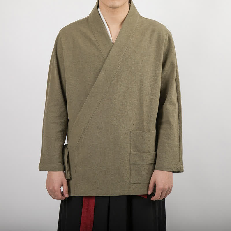 Buddha Stones Kimono da uomo in cotone tinta unita, stile Tang, minimalista, con coulisse, per primavera/autunno, con tasca. - Cachi scuro - US/UK/AU44, EU54 (4XL) - image 4