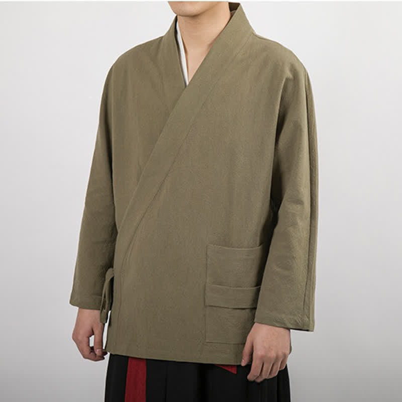 Buddha Stones Kimono da uomo in cotone tinta unita, stile Tang, minimalista, con coulisse, per primavera/autunno, con tasca. - image 5