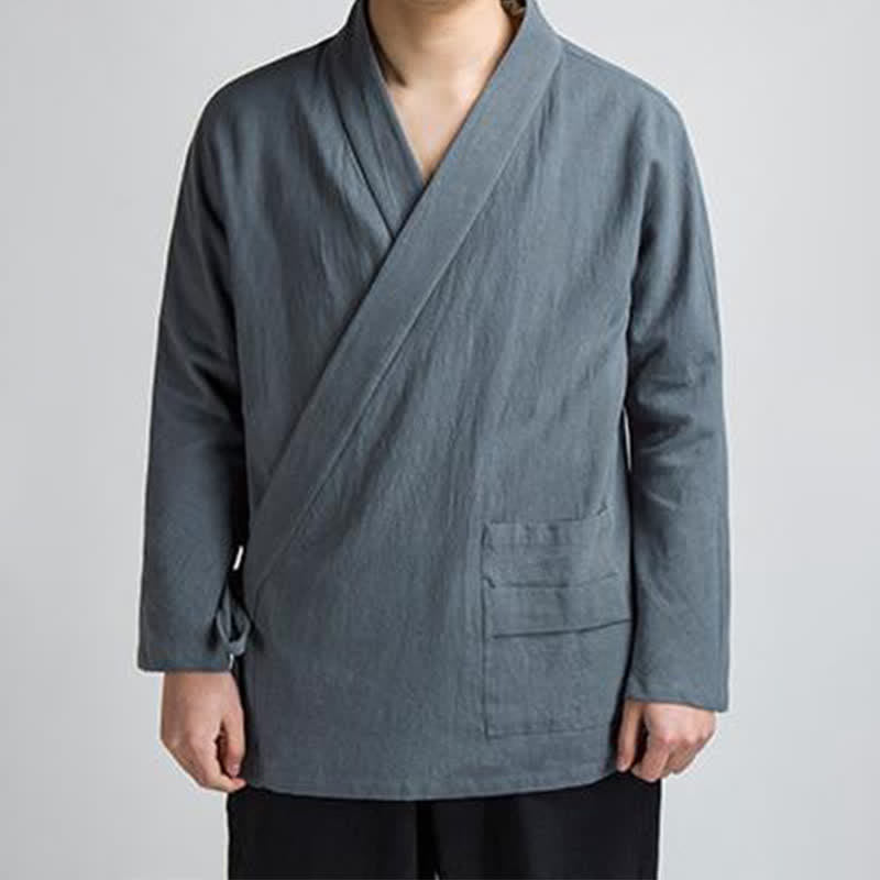 Buddha Stones Kimono da uomo in cotone tinta unita, stile Tang, minimalista, con coulisse, per primavera/autunno, con tasca. - Grigio ardesia - US/UK/AU44, EU54 (4XL) - image 12