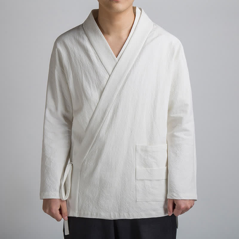 Buddha Stones Kimono da uomo in cotone tinta unita, stile Tang, minimalista, con coulisse, per primavera/autunno, con tasca. - Bianco - US/UK/AU44, EU54 (4XL) - image 13
