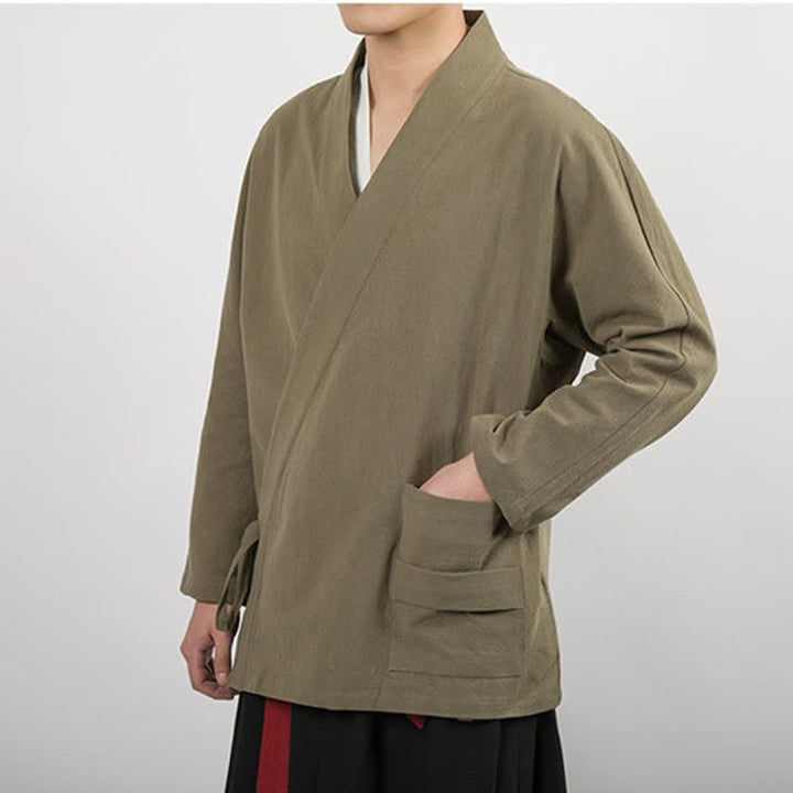 Buddha Stones Kimono da uomo in cotone tinta unita, stile Tang, minimalista, con coulisse, per primavera/autunno, con tasca. - image 6