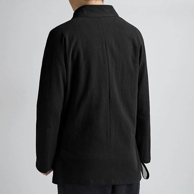 Buddha Stones Kimono da uomo in cotone tinta unita, stile Tang, minimalista, con coulisse, per primavera/autunno, con tasca. - image 3