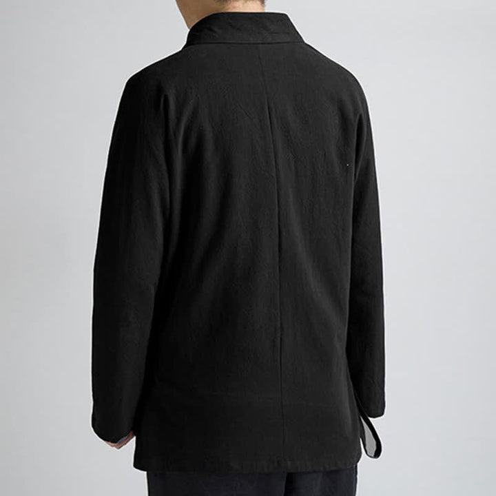 Buddha Stones Kimono da uomo in cotone tinta unita, stile Tang, minimalista, con coulisse, per primavera/autunno, con tasca. - image 3